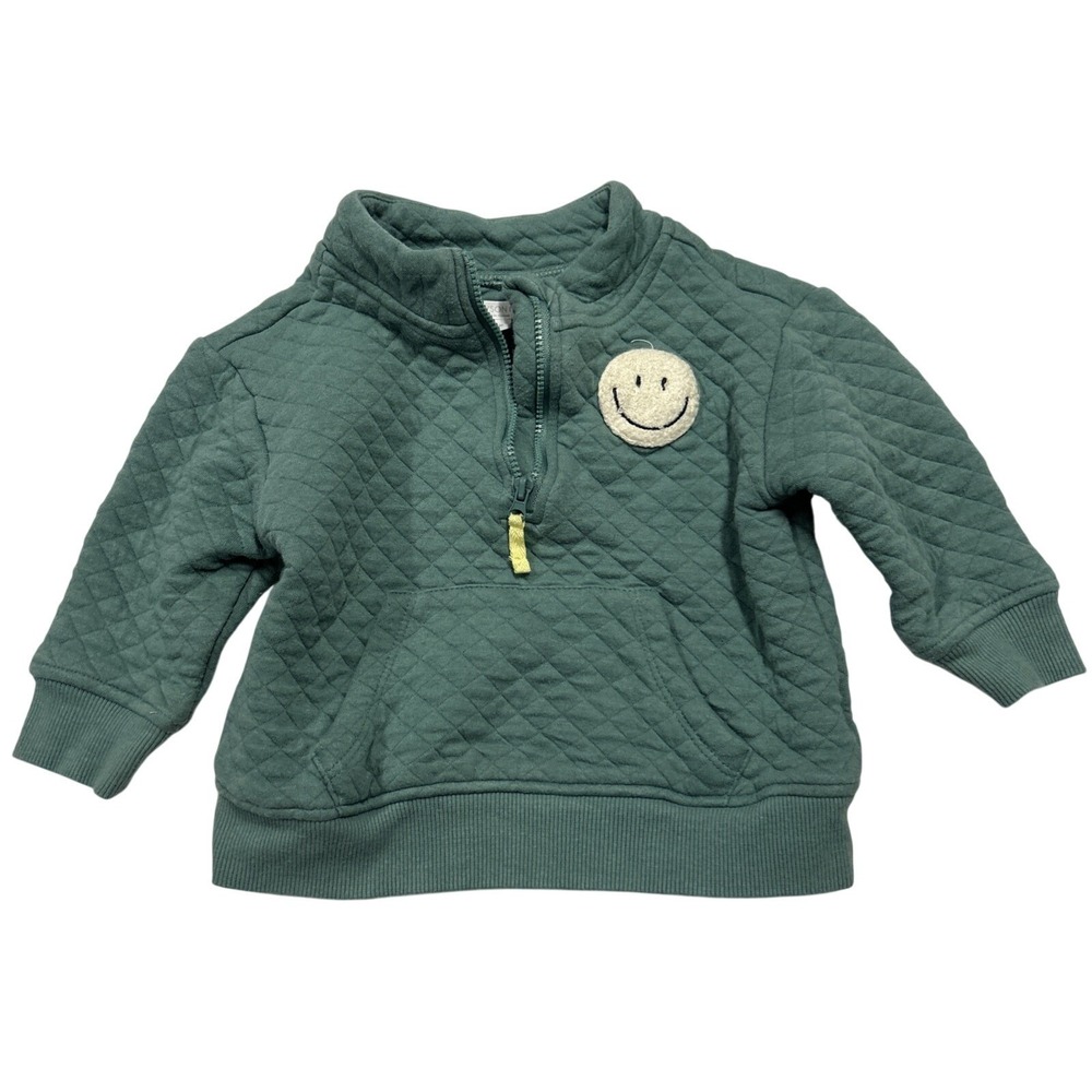 Grayson Mini Sweater 18M Unisex Boys Sage Green Quilted Smiley Face PUllover